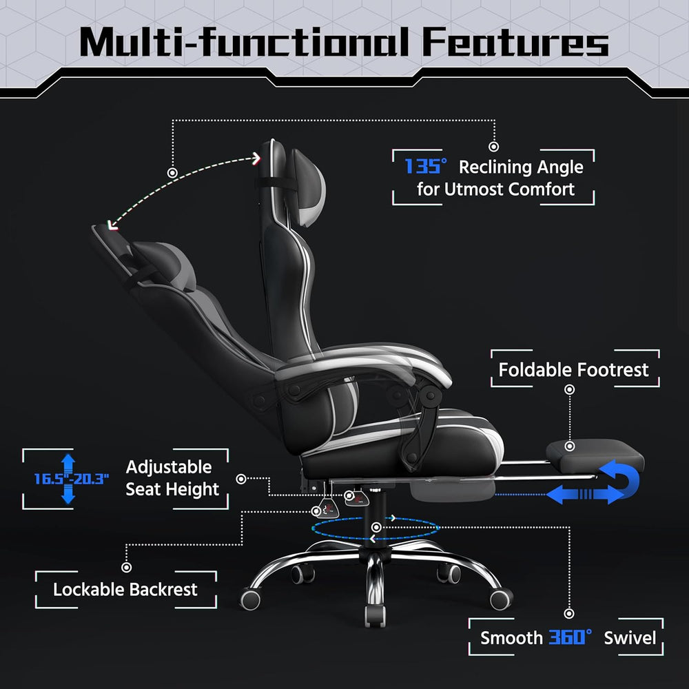 Yaheetech Gaming Chair with Footrest Massage Lumbar Pillow Black and White | ...
