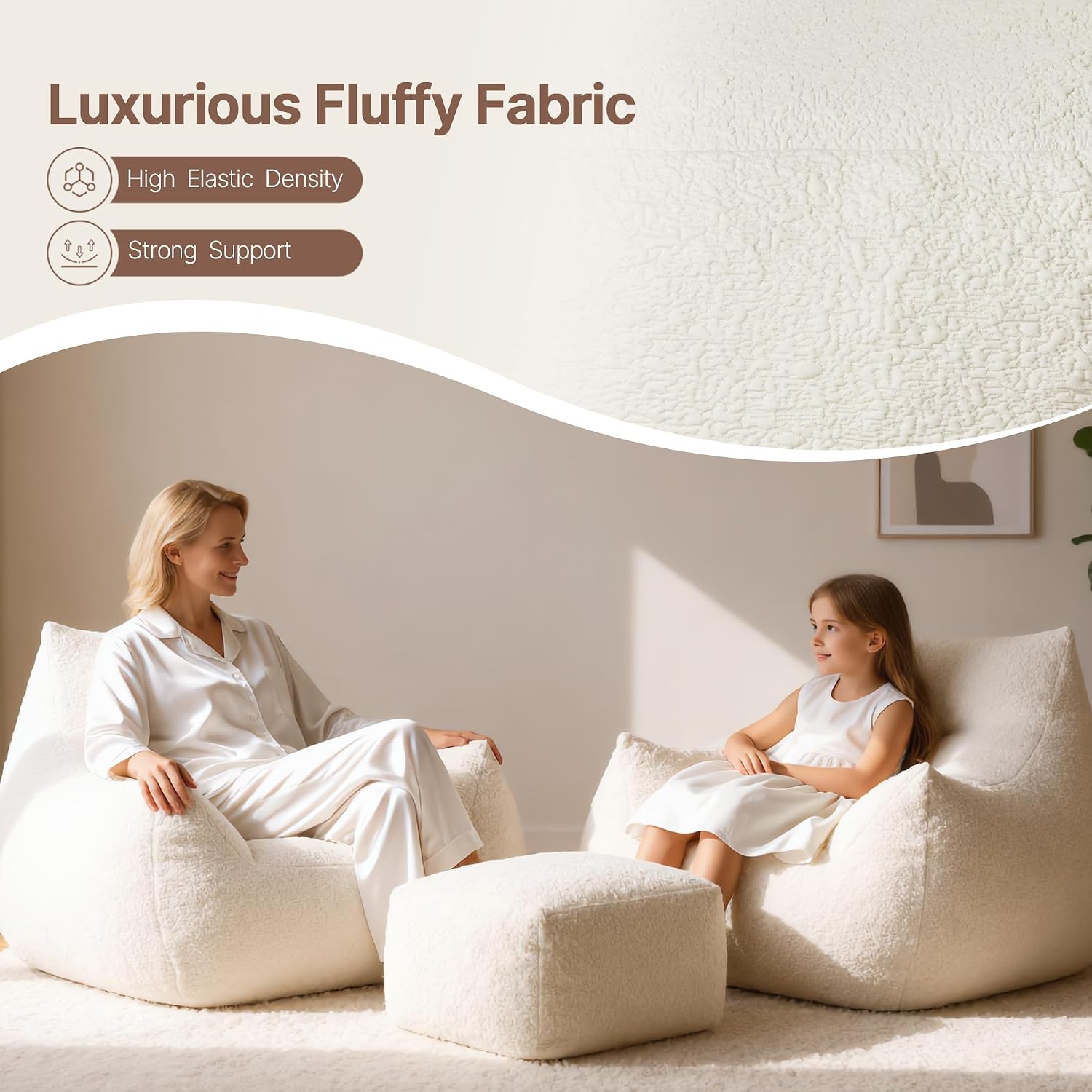 KISLOT Cloud Large Bean Bag Chair with Ottoman for Adults,Ultra Soft Bean Bag with Armrests,Stuffed BeanBag Chair for Napping, Gaming,Vacuum-Compressed for Easy Gifting,48 Hours to Fluffs Up,Beige