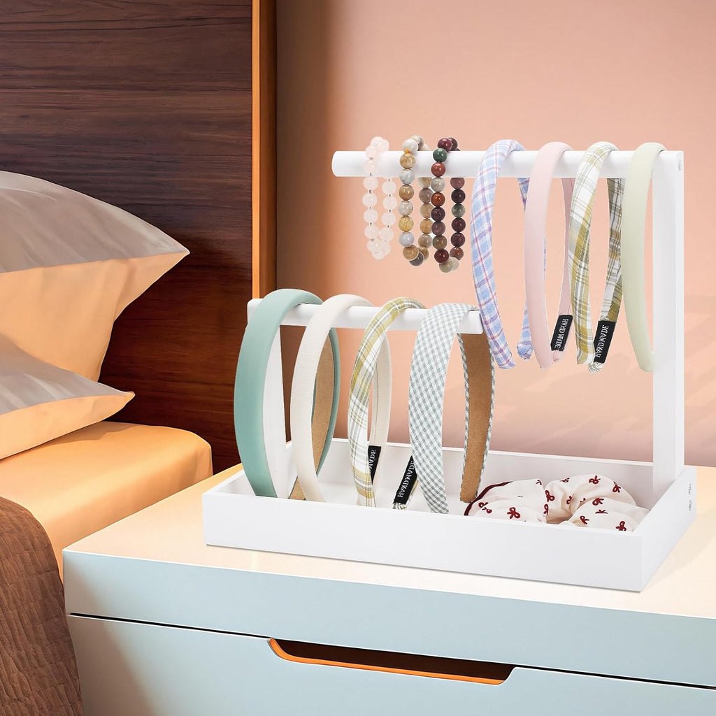 Headband Organizer Headband Holder for Girls Hair Tie Holder Stylish Vanity Organizer with Rustic Natural Wood Design for Bathroom & Dressing Tablespace-Saving Hair Accessory Storage