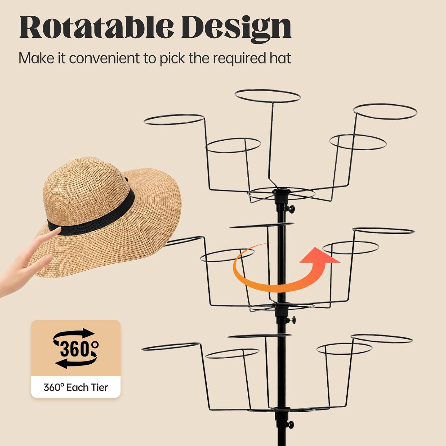 7-Tier Rotating Hat Display Rack Stand – Freestanding Metal Hat Organizer with 35 Cap Holders, Adjustable Height & Rolling Base, Space-Saving Standing Hat Rack for Baseball Caps, Cowboy Hats, Stores