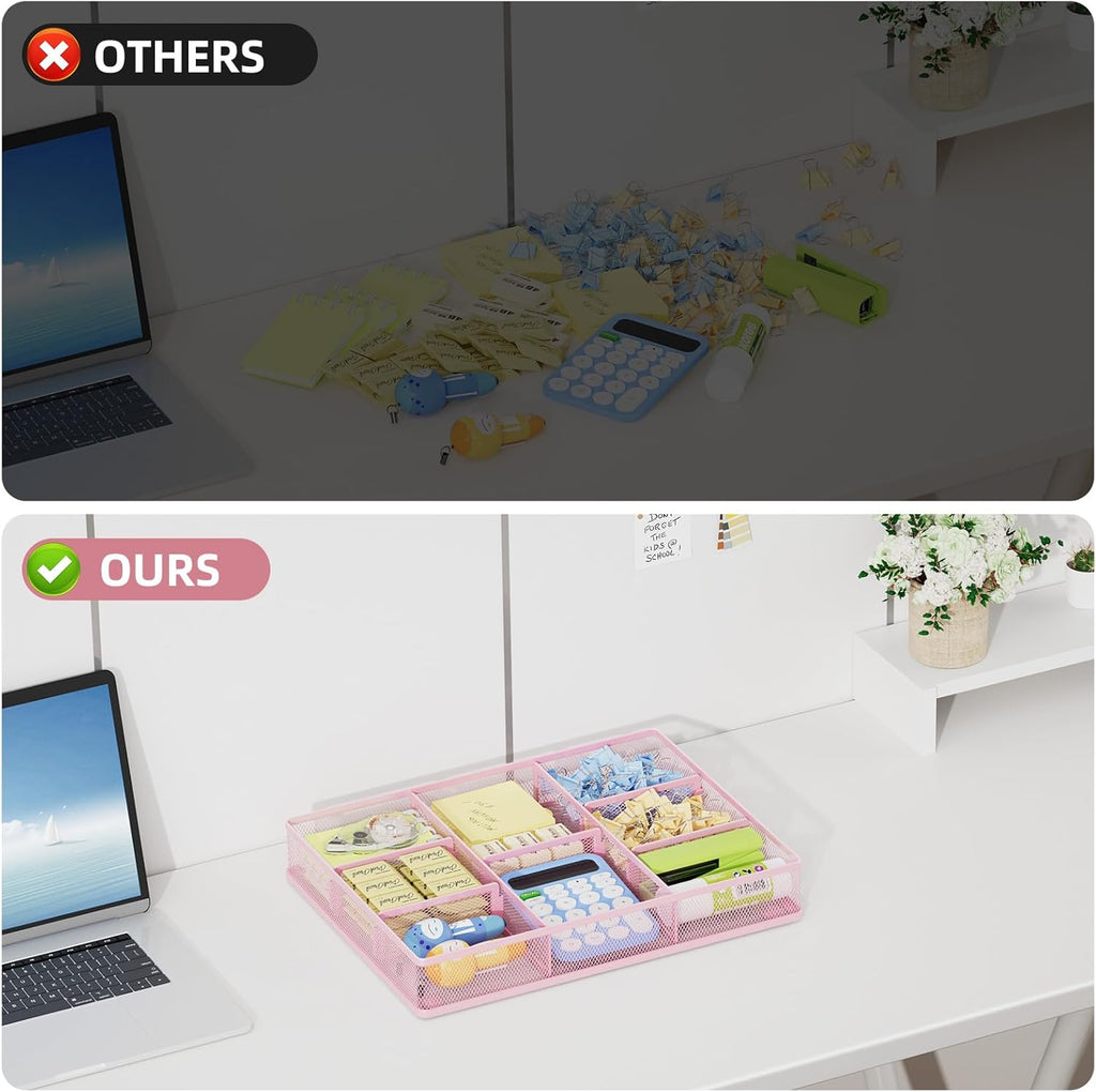 Marbrasse 2P Pink Desk Drawer Organizer, Metal Mesh Drawer Organizer Tray with 5 Adjustable Compartments,Desk Organizers and Accessories for Home,Office,Kitchen,Makeup,Vanity (Pink)