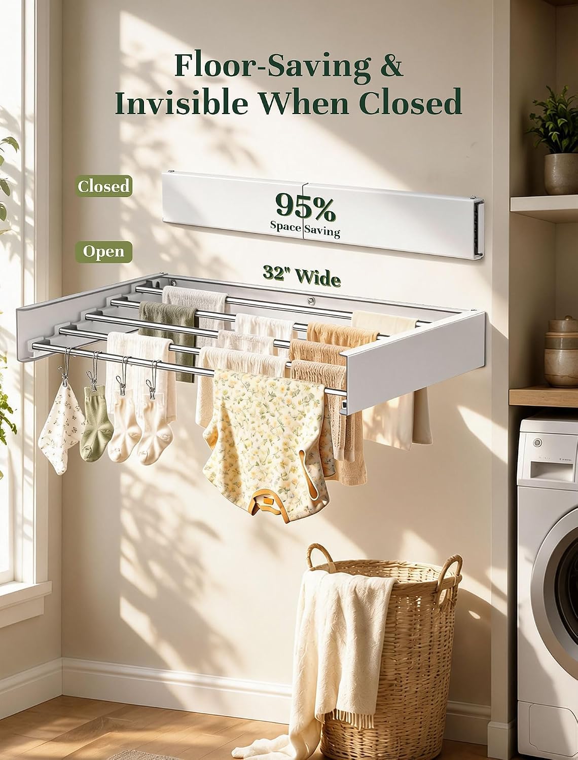 32'' Wall Mounted Clothes Drying Rack, Foldable & Collapsible Wall Mount Laundry Rack w/ 5 Thickened Rods & 4 Hooks, Space Saver Hanging Drying Rack Clothing for Laundry Room Bathroom Indoor