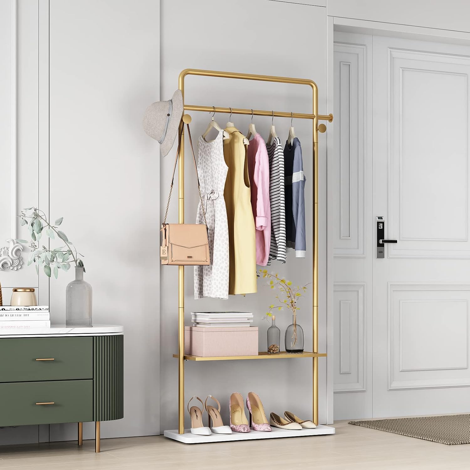 TIEOU Gold Coat Racks with Shelf, Heavy Duty Gold Clothing Racks for Boutiques, Free-Standing Metal Garment Rack for Hanging Clothes, Modern Clothes Rack Entryway(2 tier)