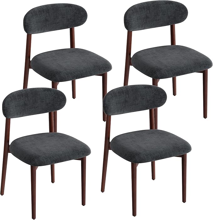 Wooden Dining Chair Set of 4, Modern Dining Chairs with with Curved Back, Fabric Upholstered Kitchen Room Chairs with Adjustable Legs for Farmhouse Dining Living Room,Dark Grey