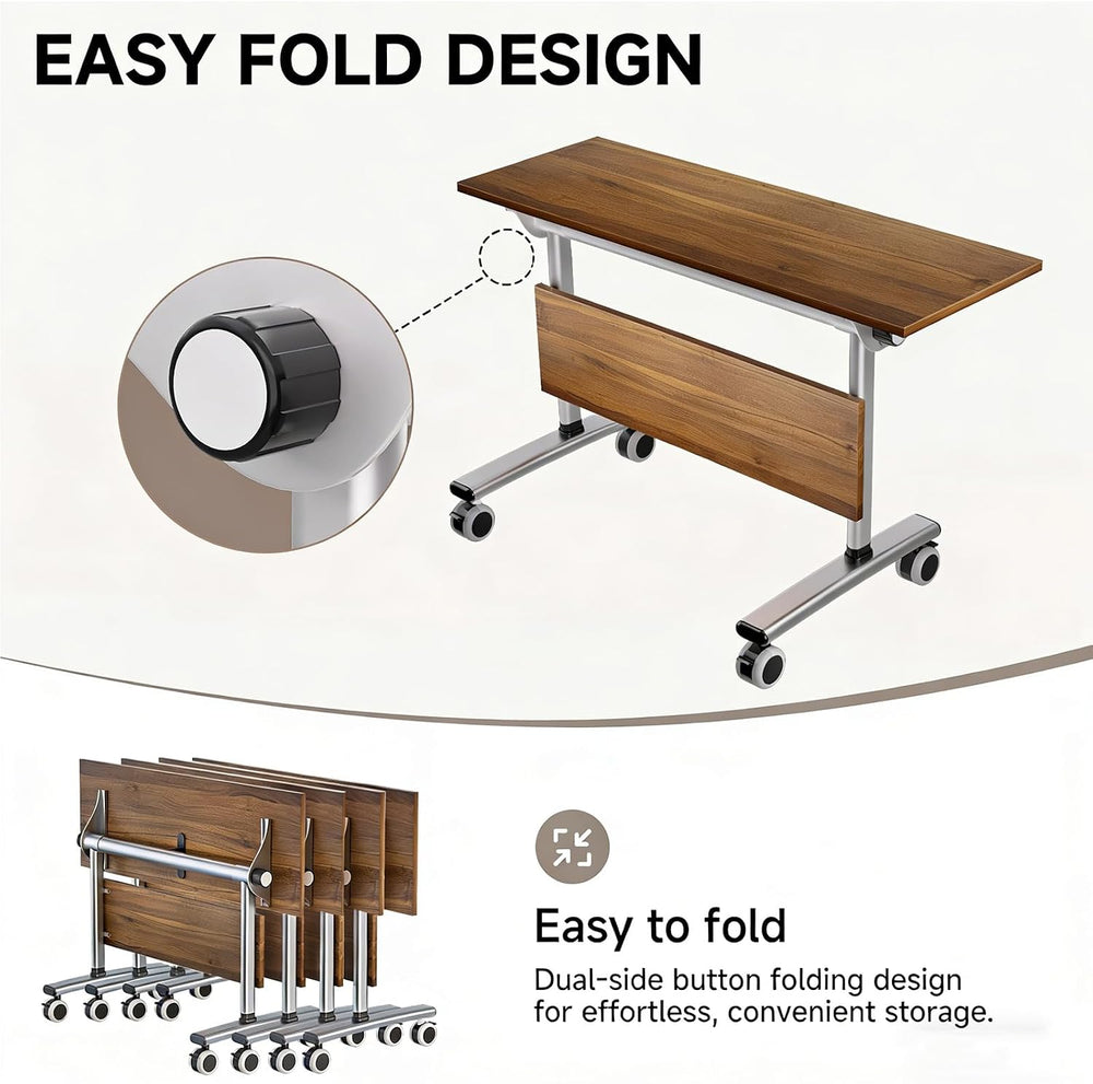 Folding Conference Table with Wheels, 47" Mobile Training Table, Flip To...