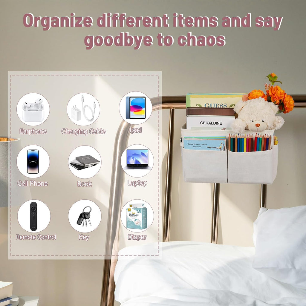 Bedside Storage Organizer 5 Pockets with 4 Hooks Hanging Storage Bag for Headboards/Bunk Bed (White)