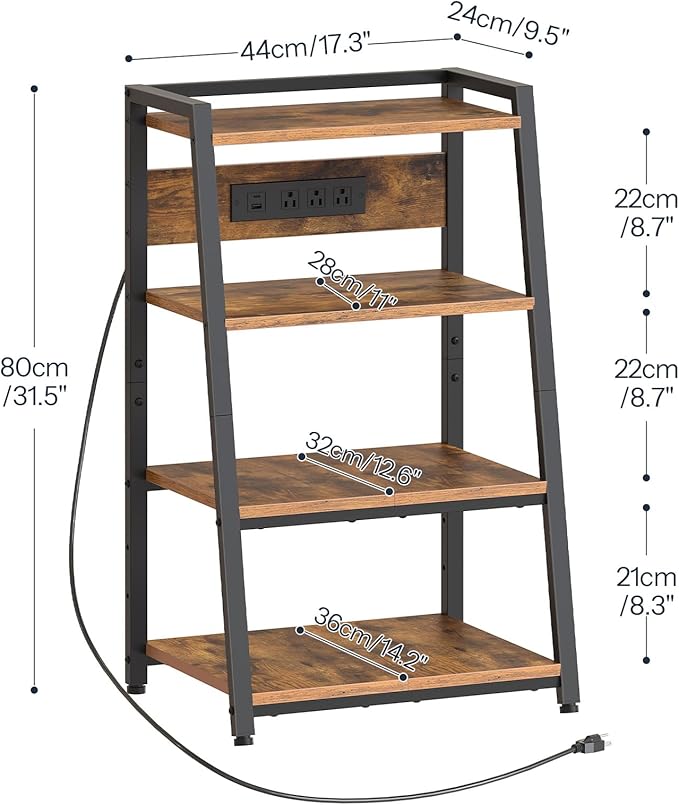 HOOBRO 4-Tier AV Media Stand with Charging Station and LED Light, Wooden Stereo Cabinet, Audio Tower Rack, Corner TV Stand, Record Player, Entertainment Device, Rustic Brown and Black BF106UDCJ01