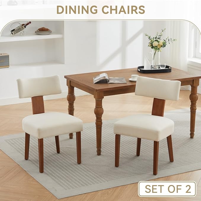 Dining Chairs Set of 2, Upholstered Fabric Kitchen Chairs with Solid Wood Legs, Modern Mid Century Accent Side Chairs for Dining Room Living Room, Ergonomic Comfort White (White, Set of 2)