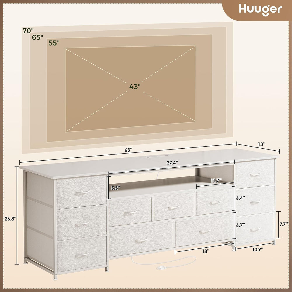 Huuger 63 Inch TV Stand for 65, 70 Inch TV, 11 Drawer Long Dresser with Power...