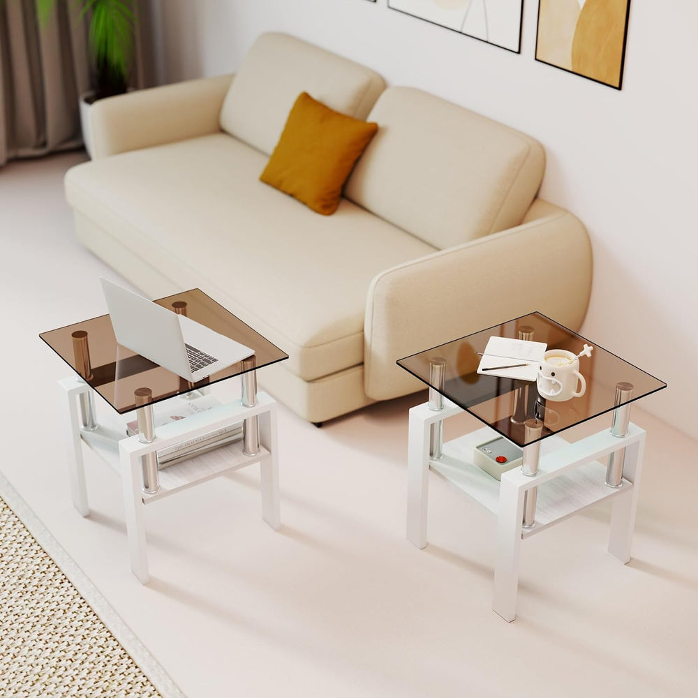 Set of 2 Glass End Table, 2-Layer Glass Living Room Table, Modern Tea Table S...