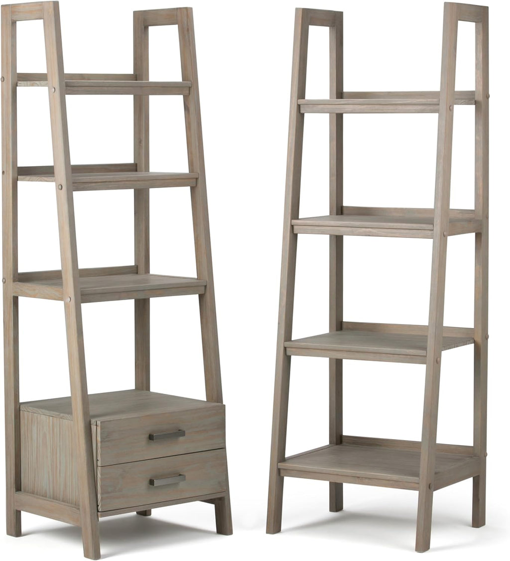 SIMPLIHOME Sawhorse SOLID WOOD 24 Inch Modern Industrial Ladder Shelf in Distressed Grey, For the Living Room, Study Room and Office