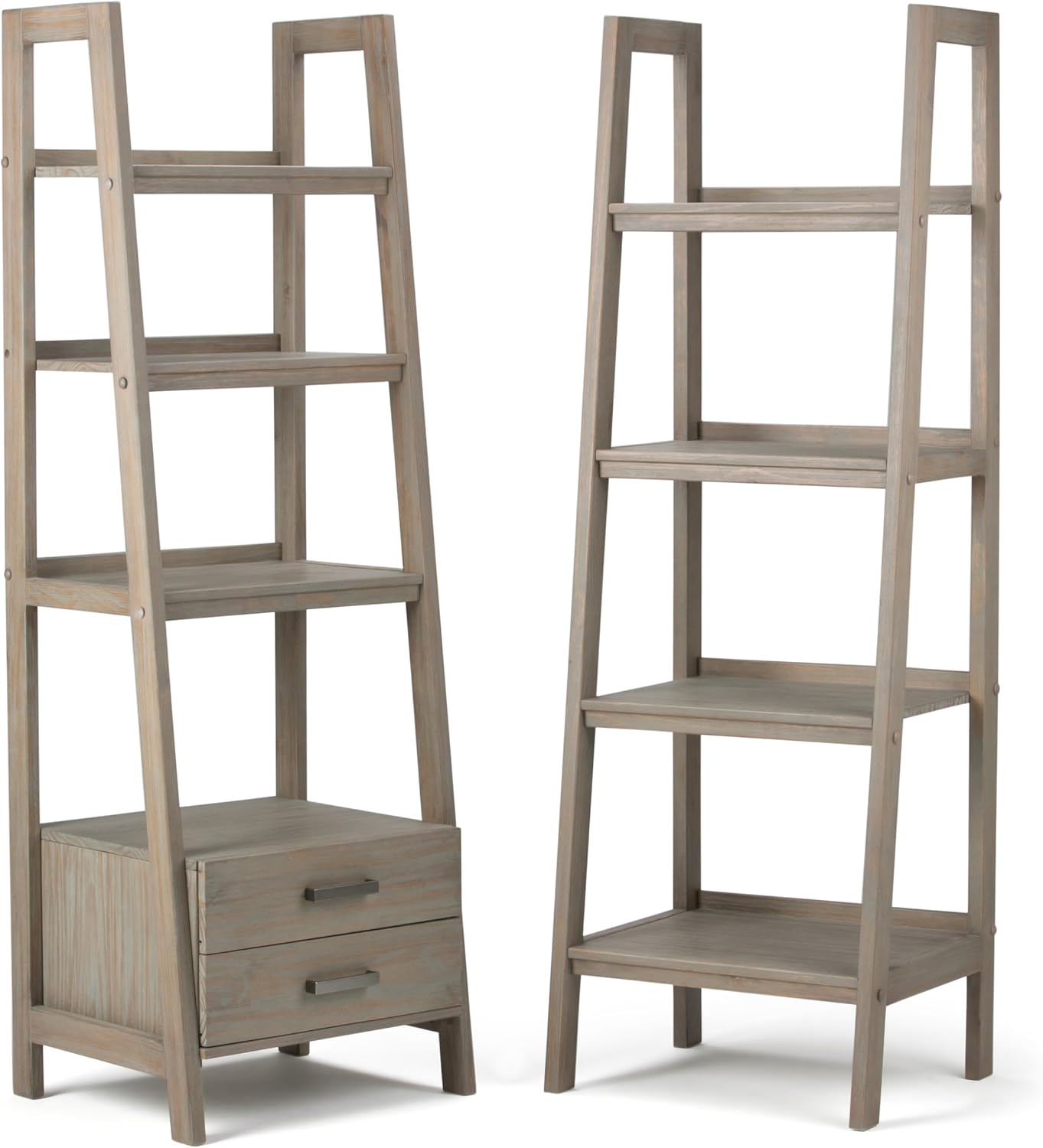 SIMPLIHOME Sawhorse SOLID WOOD 24 Inch Modern Industrial Ladder Shelf in Distressed Grey, For the Living Room, Study Room and Office
