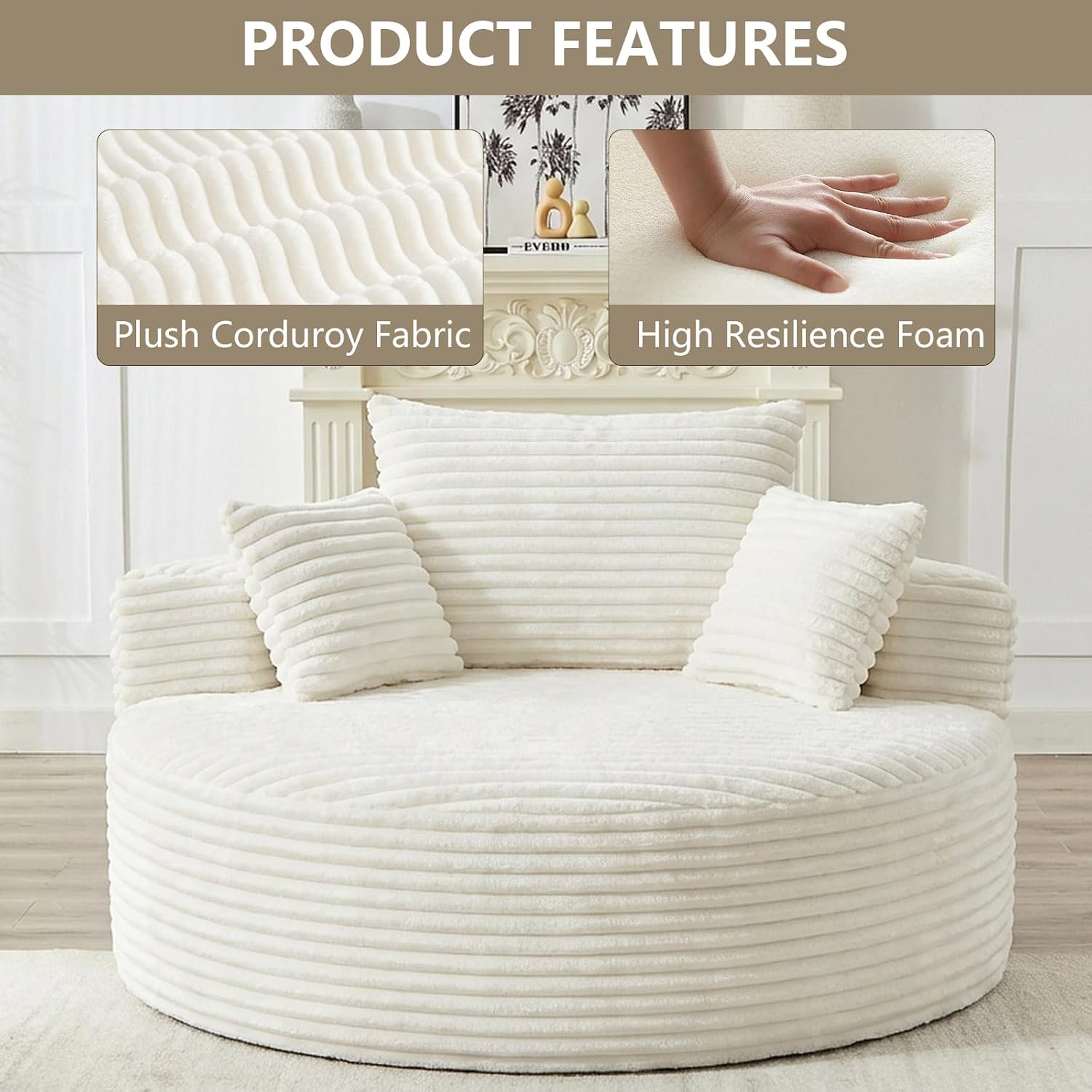 55" L Corduroy Sponge Single Sofa, Oversized Round Chair, Fluffy Modern Sleeper Chairs for Living Room, Lounge and Projection Room, Wide Armrest Lounge Chairs, Armchair with Pillow White