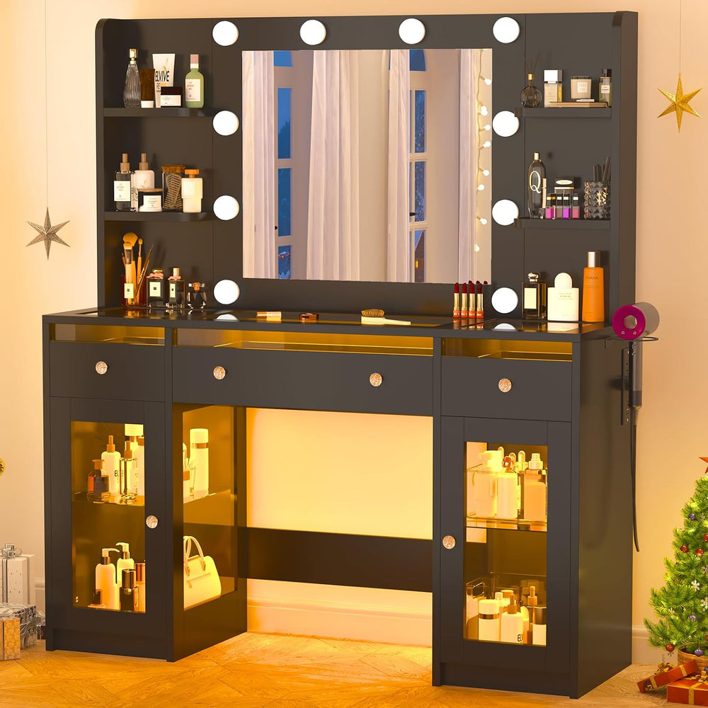 Vanity Desk W/6000-Colors Light&Power Outlet,Makeup Vanity Desk W/LED Mir...