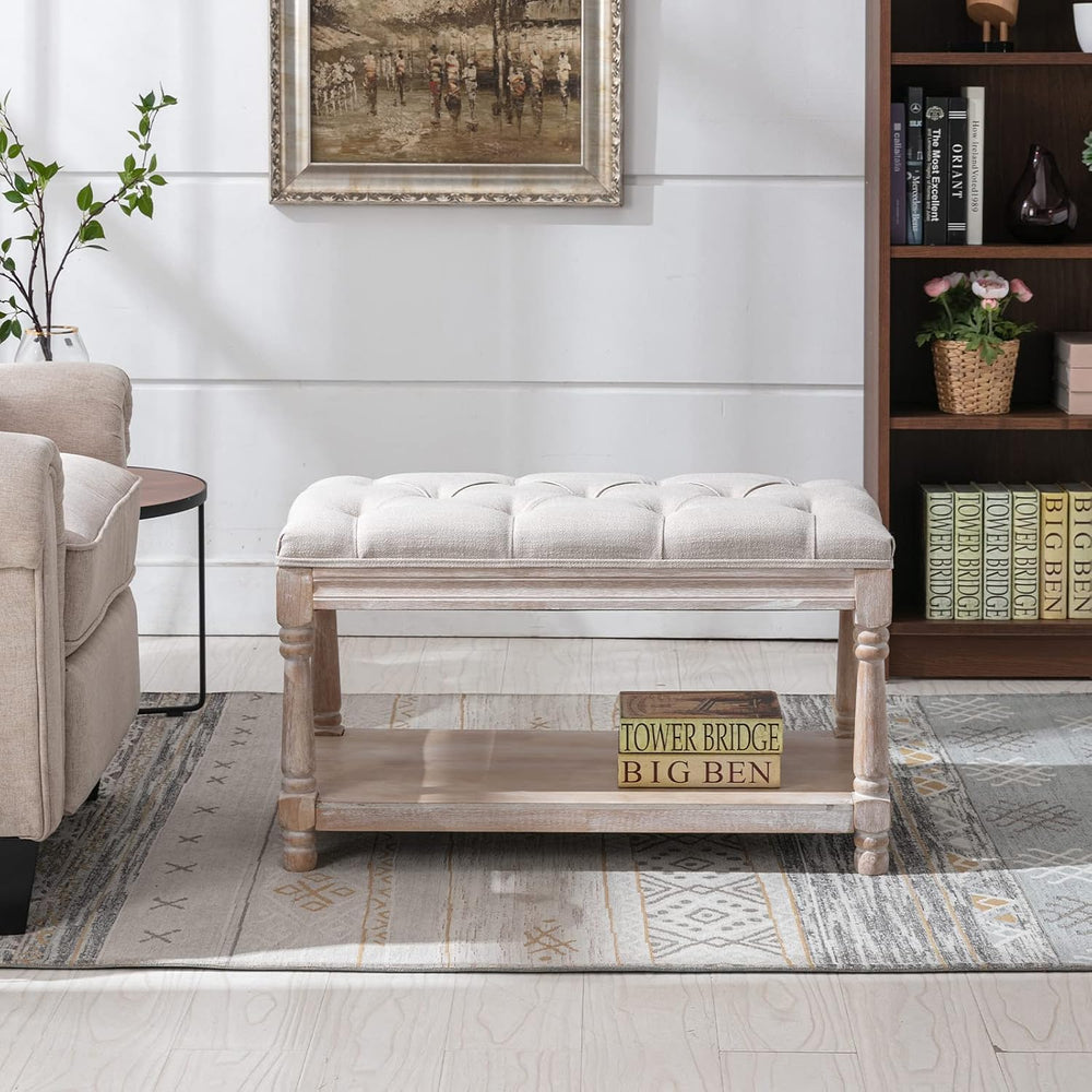 Farmhouse Storage Bench Wooden Entryway Linen Upholstered Ottoman Button Tuft...