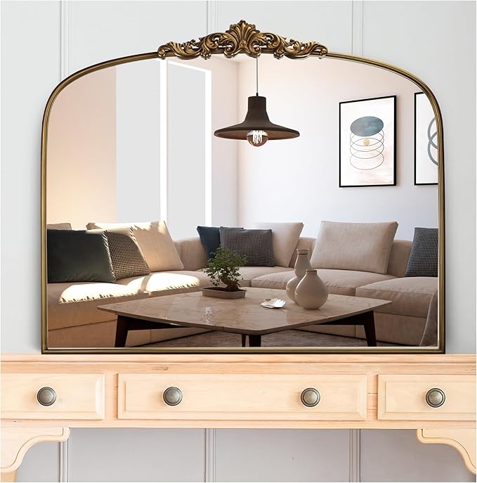 Vintage Gold Arched Wall Mirror 36"x30" – Ornate Baroque Style Antique Brass Frame, Decorative Large Mirror for Entryway, Living Room, Fireplace, Hallway, Bathroom