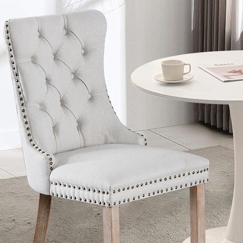 3-Pieces 31.5" Round Dining Table Set for 2, White Dining Table & Linen Upholstered Dining Chairs Set of 2 for Kitchen Dining Room Apartment Small Space(Beige Linen Chairs)