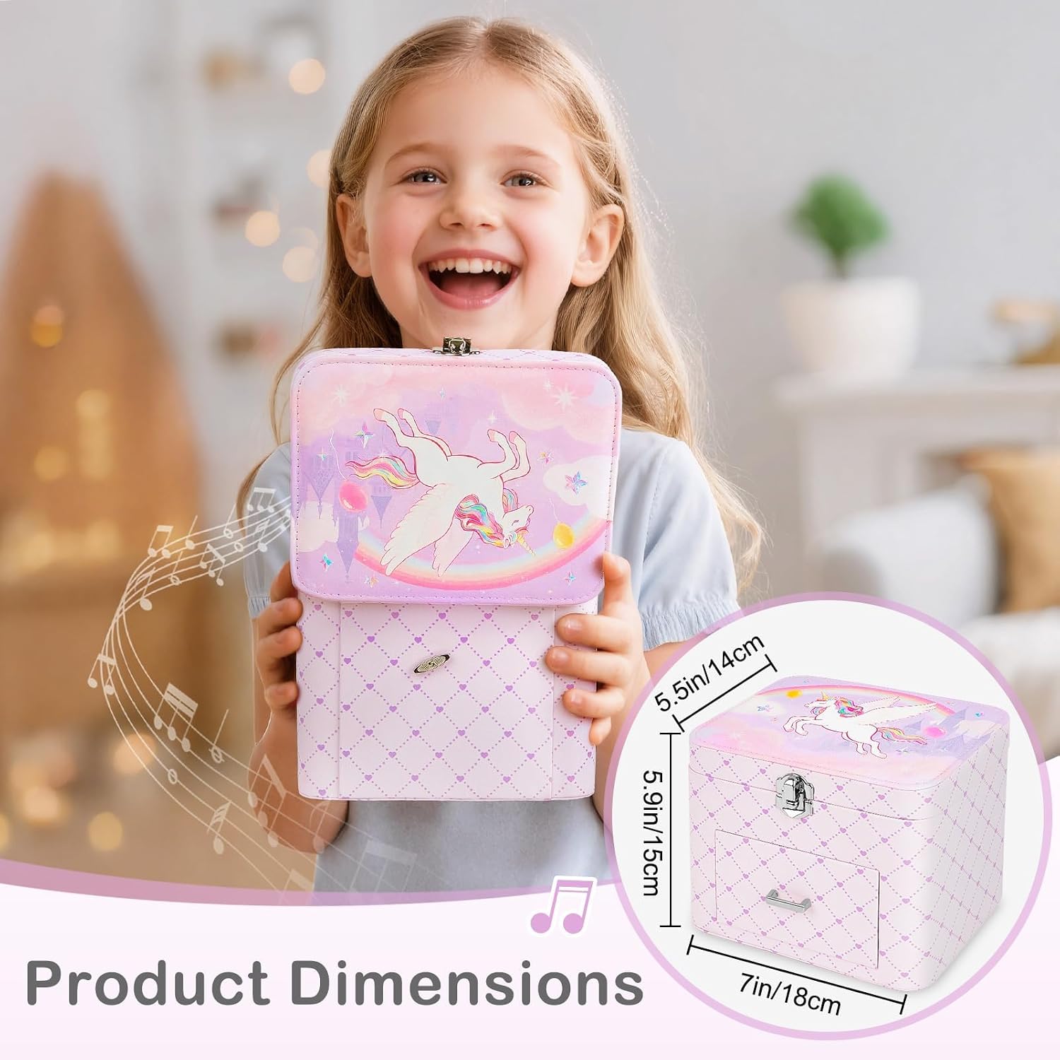 Basumee Musical Jewelry Box for Girls PU Leather Music Box with Drawer Large Kids Jewelry Organizer with Unicorn/Ballerina Jewelry Storage for Little Girls Ages 3–10, Birthday & Holiday Present