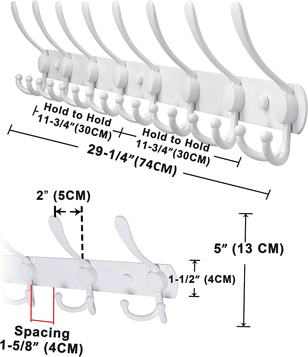 Dseap Coat Rack Wall Mount - 29.5” Long 8-Tri-Hooks Heavy Duty Coat Hanger Rail Wall Hooks for Hanging Coats Hats Clothing Clothes Purse Mudroom Entryway, White