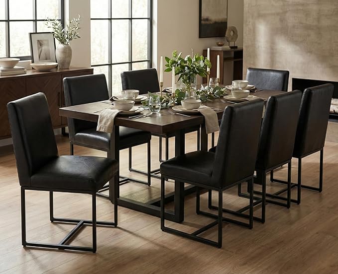 CIMOTA Black Leather Dining Chairs Set of 2, Upholstered Dining Room Chairs Armless Guest Side Chair with Black Base for Dining Room/Kitchen, 2PCS