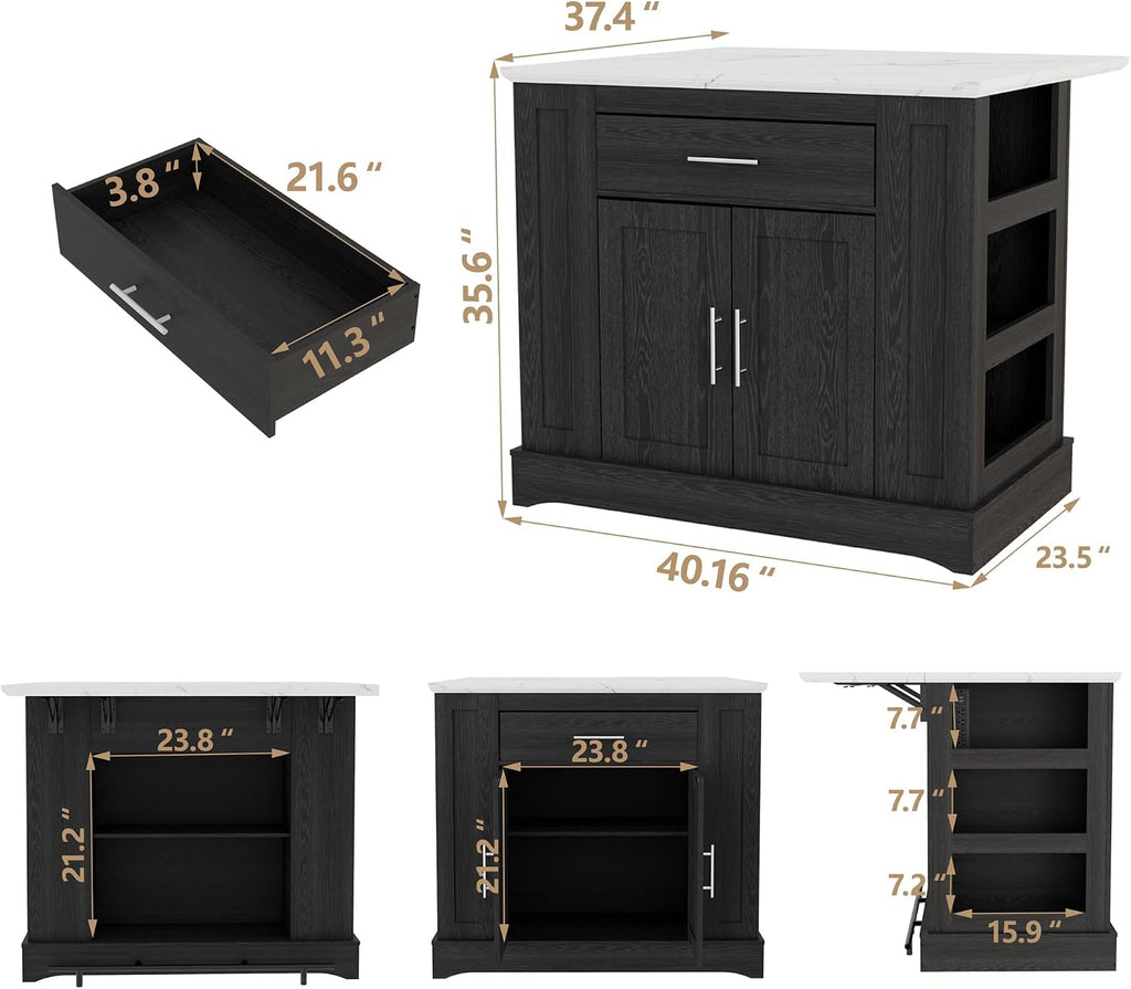40“ L Black Kitchen Island with A 14.5” W Folding Faux Marble Tabletop, Wooden Kitchen Island with Power Outlet, Storage Cabinet & Drawer and Open Adjustable Shelving