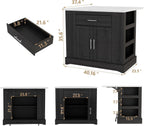 40“ L Black Kitchen Island with A 14.5” W Folding Faux Marble Tabletop, Wooden Kitchen Island with Power Outlet, Storage Cabinet & Drawer and Open Adjustable Shelving