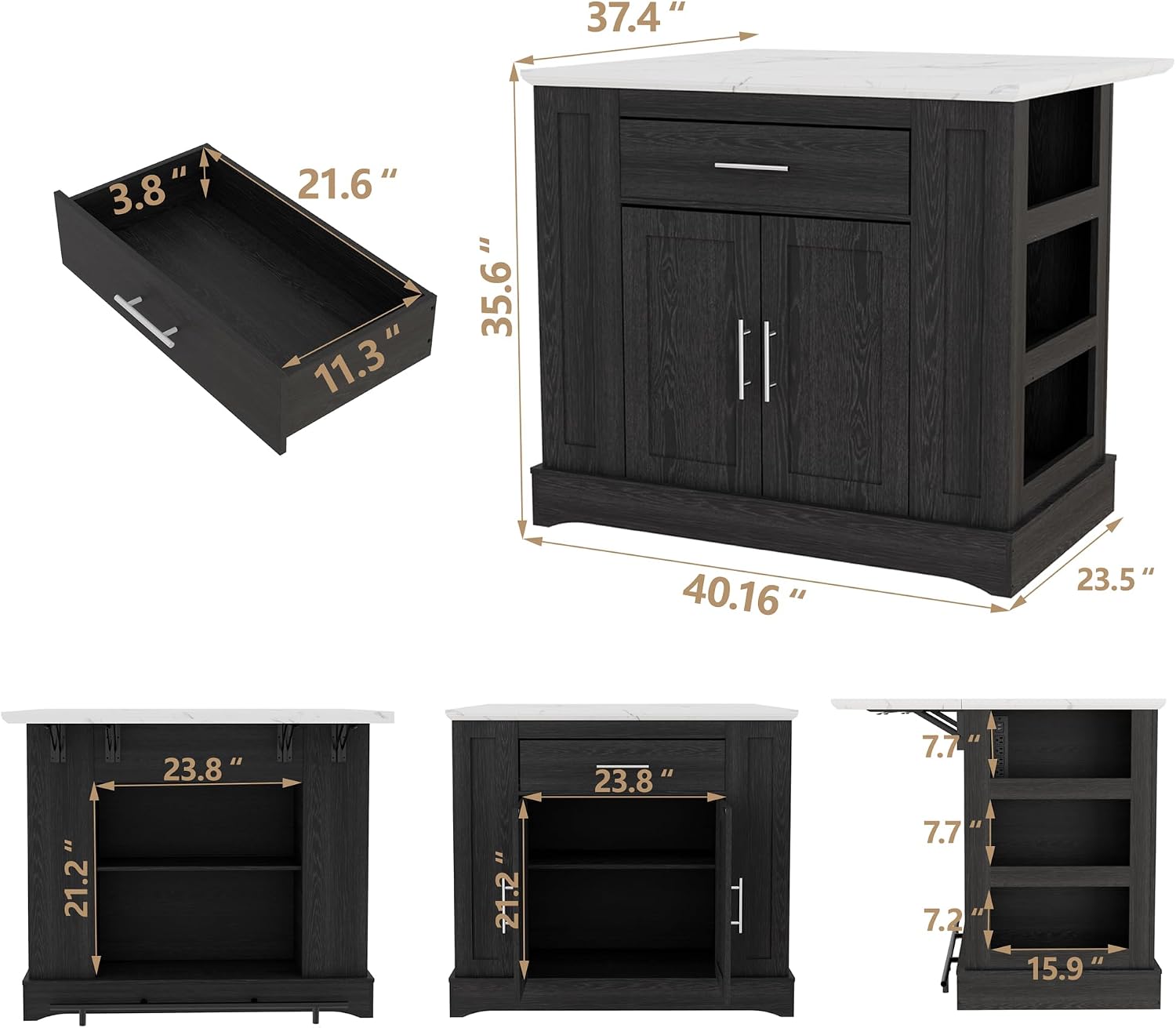 40“ L Black Kitchen Island with A 14.5” W Folding Faux Marble Tabletop, Wooden Kitchen Island with Power Outlet, Storage Cabinet & Drawer and Open Adjustable Shelving