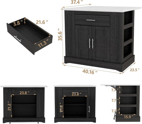 40“ L Black Kitchen Island with A 14.5” W Folding Faux Marble Tabletop, Wooden Kitchen Island with Power Outlet, Storage Cabinet & Drawer and Open Adjustable Shelving