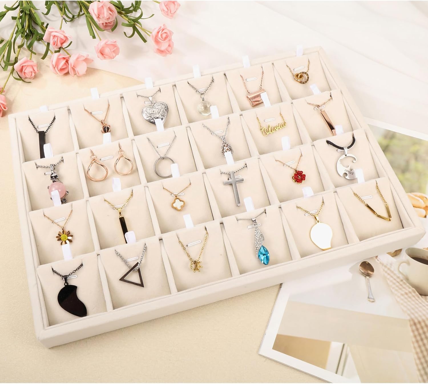 Mornajina 24 Grids Stackable Jewelry Tray Organizer with Removable Dividers, Velvet Jewelry Display Tray for Earrings Necklaces Bracelet Rings Display Showcase - Light Khaki