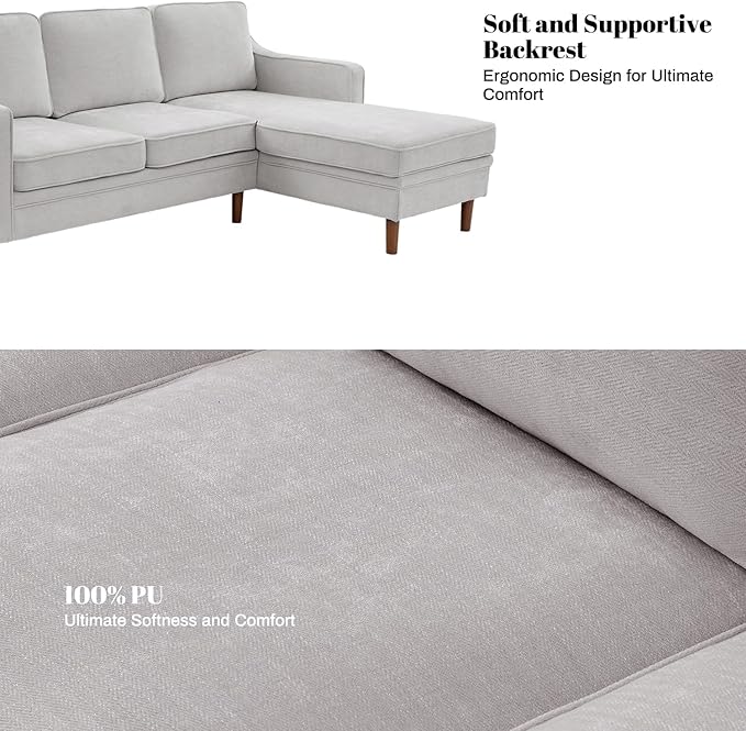 Kingfun 88" L-Shape Sofa, Chenille Sectional Couch, Mid Century Modern Couches with Solid Wood Frame for Living Room & Bedroom, Silver Gray