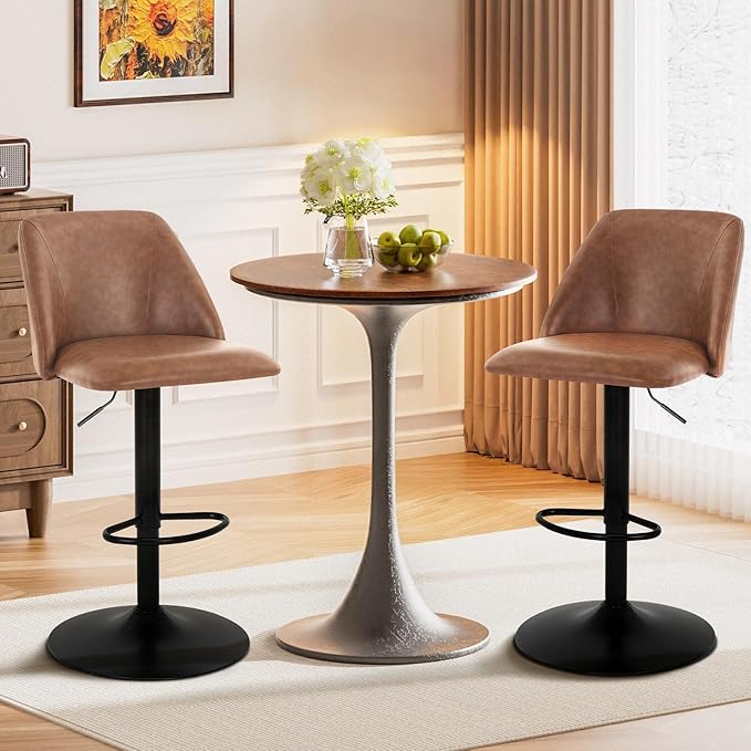 COLAMY Bar Stools Set of 2, Modern Swivel Bar Chairs, Adjustable PU Leather U...