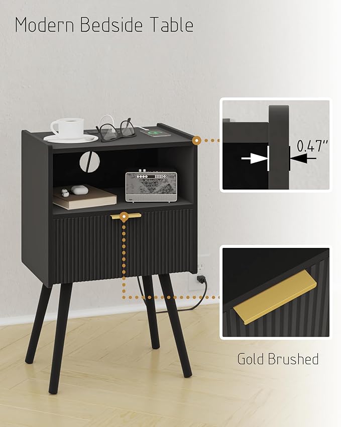 Black Nightstand with Outlet,Modern Bedside Table with Storage Drawer and Ope...