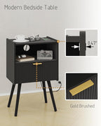 Black Nightstand with Outlet,Modern Bedside Table with Storage Drawer and Open Wood Shelf, for Living Room, Bedroom and Small Spaces, Accent Night Stand with Solid Wood Legs, Easy Assembly