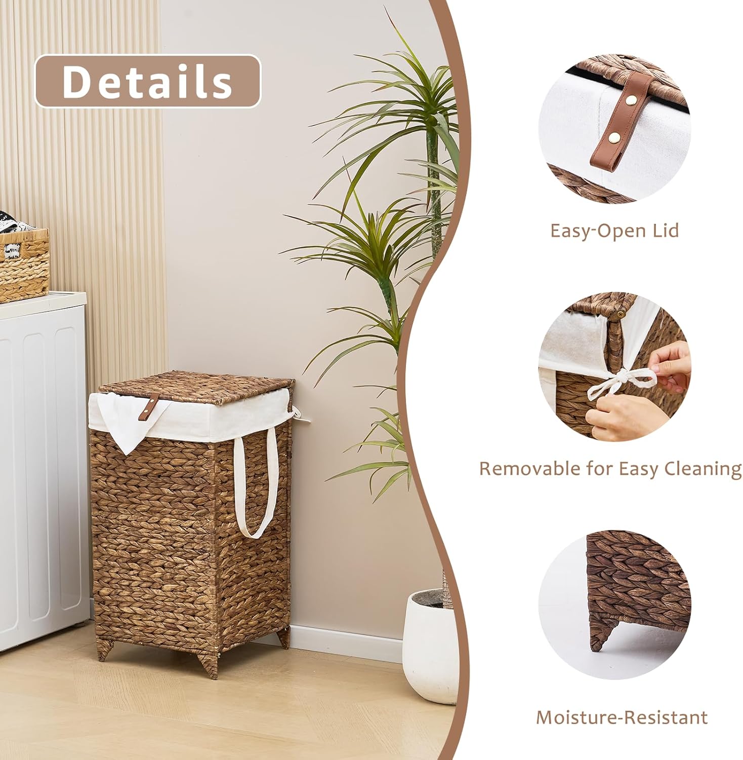 Laundry Hamper with Lid and Removable Liner Bag, Handwoven Natural Hyacinth Clothes Hamper with Heightened Feet, Wicker Laundry Basket for Clothes and Towels，Small