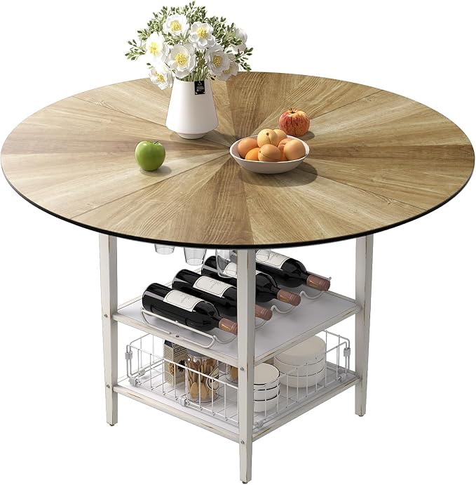 VFK 47 Inch Round Dining Table for 4 with 2-Tier Storage Shelves, Ideal for Kitchen, Dining Room, or Living Room