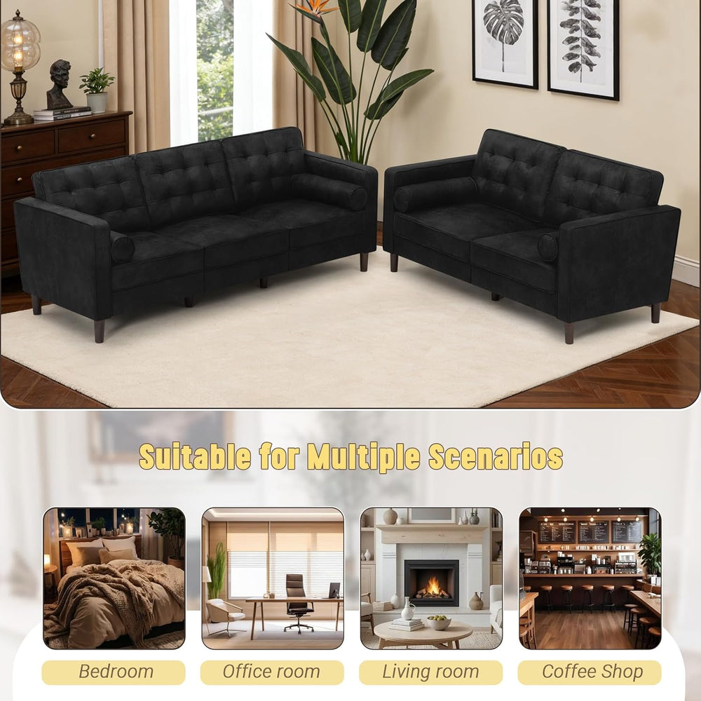 Suede Leather Upholstered Sofa Set with Tufted Backrests, Black