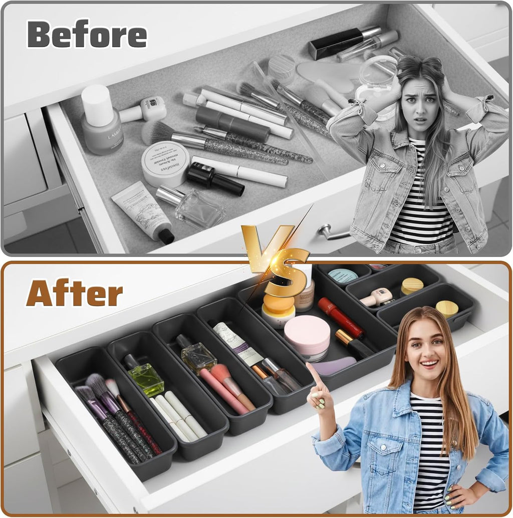 9 Pcs Stackable Drawer Organizer Trays Set, Multifunctional Storage Trays for Vanity, Bathroom, Kitchen, Office, Multi-size Durable Plastic Desk Drawer Organizer Bins, Custom Layout Design