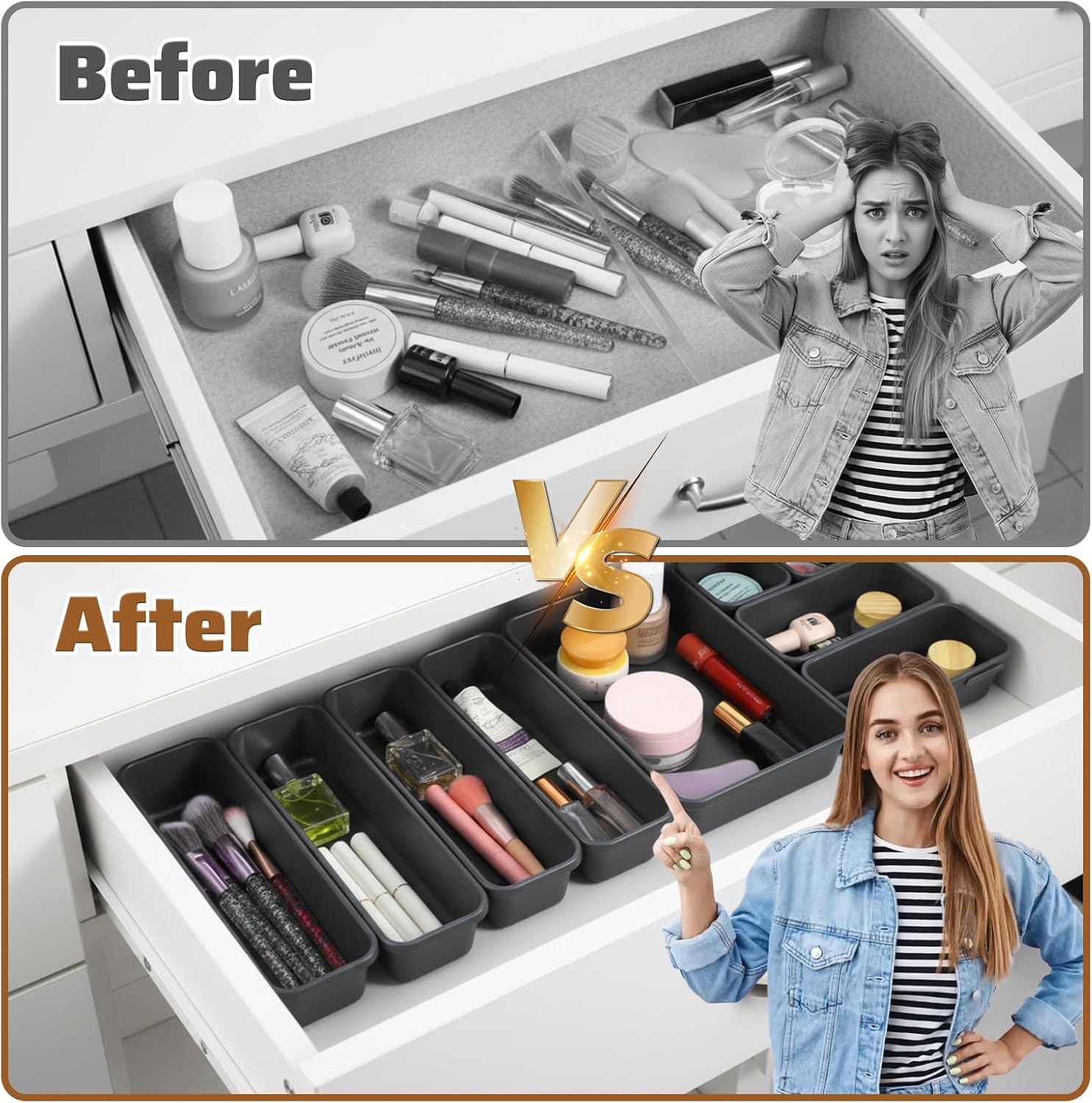 9 Pcs Stackable Drawer Organizer Trays Set, Multifunctional Storage Trays for Vanity, Bathroom, Kitchen, Office, Multi-size Durable Plastic Desk Drawer Organizer Bins, Custom Layout Design