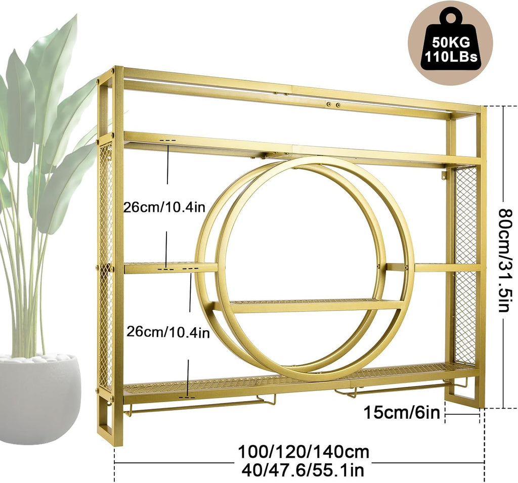 39in Wine Rack Wall Mounted, 3-Tier Metal Bar Shelves with Glass Holder | Modern Floating Bar Liquor Bottle Display Shelf Wall Mounted for Home Bar Kitchen Dining Room (Gold, 39in/100cm)