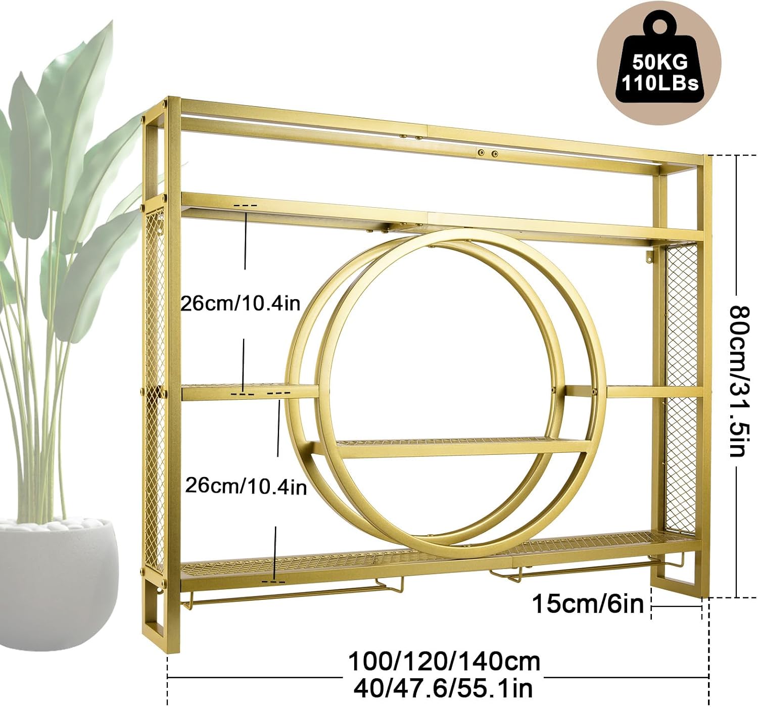 39in Wine Rack Wall Mounted, 3-Tier Metal Bar Shelves with Glass Holder | Modern Floating Bar Liquor Bottle Display Shelf Wall Mounted for Home Bar Kitchen Dining Room (Gold, 39in/100cm)