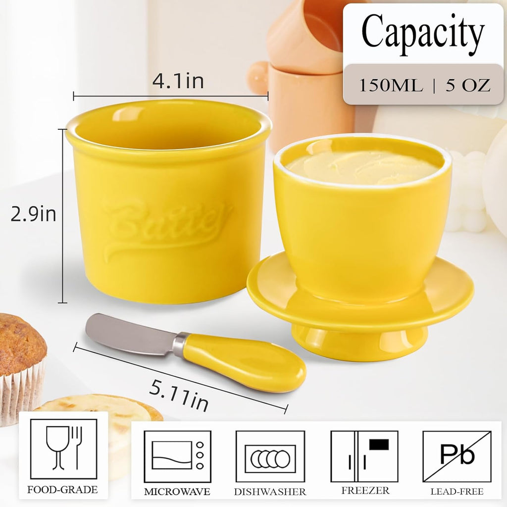 Ceramic Butter Crock with Lid & Spreader Knife, Butter Keeper - Ideal Butter Storage & Countertop Butter Dish, Yellow