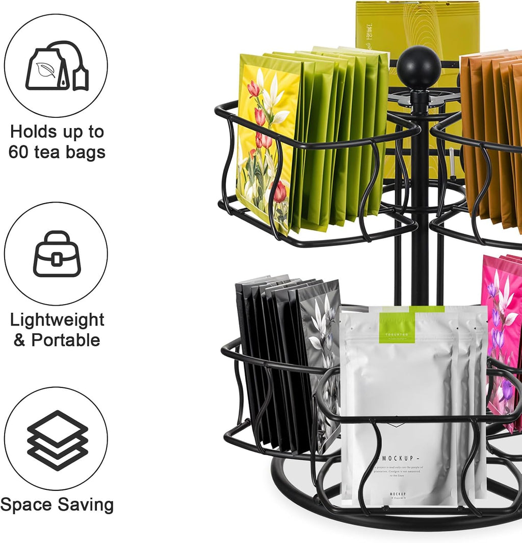 Lemecima Tea Bag Organizer, 360 Degree Tea Spining Carousel with 6 Compartments, Sugar Coffee Creamer Caddy for Kitchen Counter Cabinet , Up to 60 Storage
