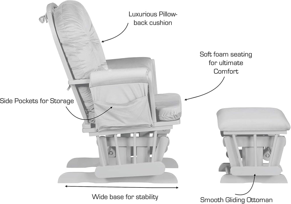 Suite Bebe Carson Glider and Ottoman in White Wood and Oyster Gray Fabric