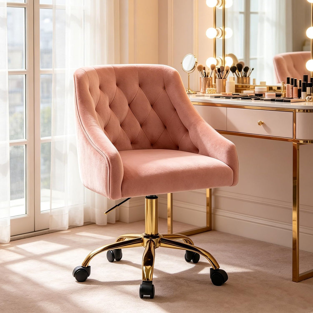 MOJAY Velvet Home Office Desk Chair, Vanity Chair with Wheels Pretty Fancy Go...