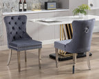 KCC Velvet Dining Chairs Set of 2, Upholstered High-end Tufted Dining Room Chair with Nailhead Back Ring Pull Trim Stainless Steel Legs, Contemporary Nikki Collection Modern Style for Kitchen, Gray