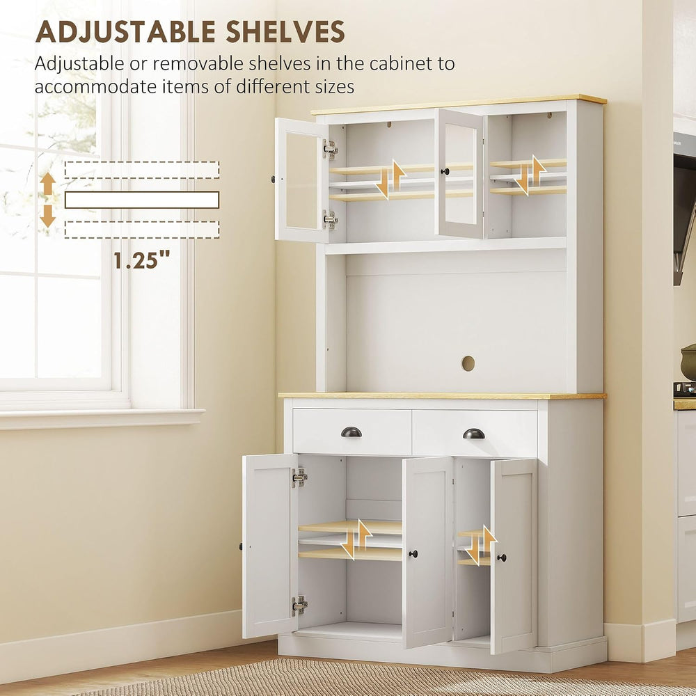 71inch Freestanding Pantry Cabinet — 39.25in Wide, White Finish with Yellow O...