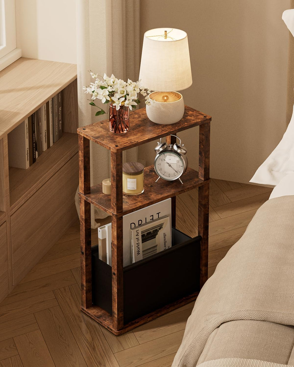 Narrow Side Table, 3-Tier Night Stand with Storage Bag, Skinny Nightstand for...