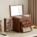 Black Walnut Wooden Jewelry Box, Wood Jewelry Organizer with 2 Side Doors Mirror Lockable Classical for Watch Necklace Ring Earring Storage Christmas Gifts-4 Layer with Curved Ring Grooves