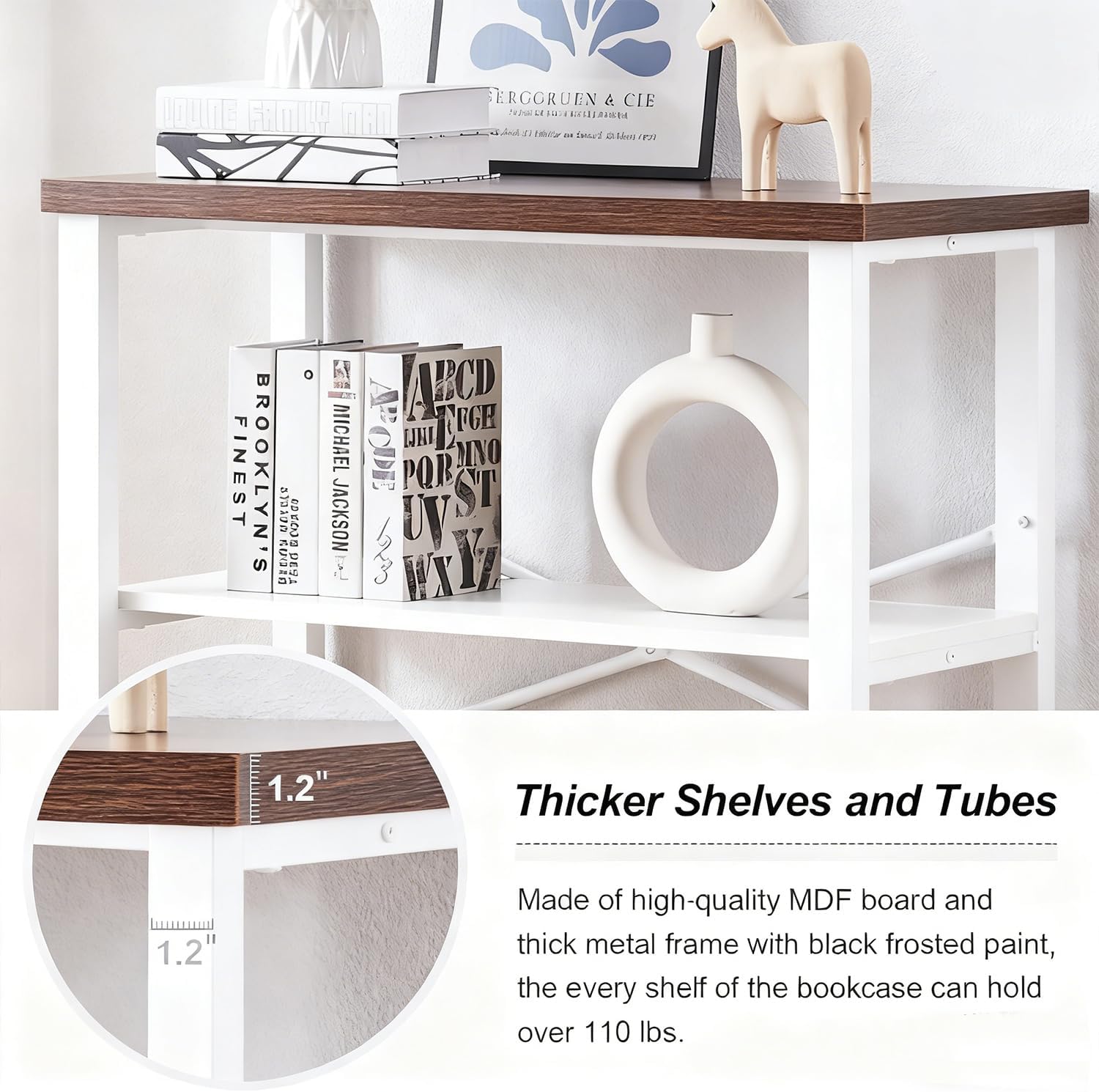 Hombazzar 3 Tier Book Shelf,31.5" Wide White and Brown Short Bookshelf | Multipurpose Design for Living Room,Office,Bedroom. Retro Industrial Design,Stability,Adjustable Feet,Easy Assembly