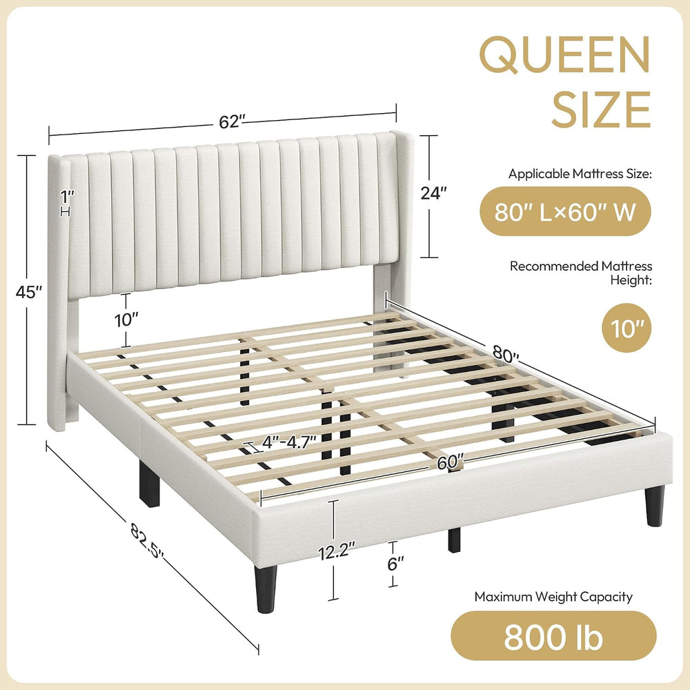 Yaheetech Queen Bed Frame with Headboard, Ivory Channel-Tufted Platform